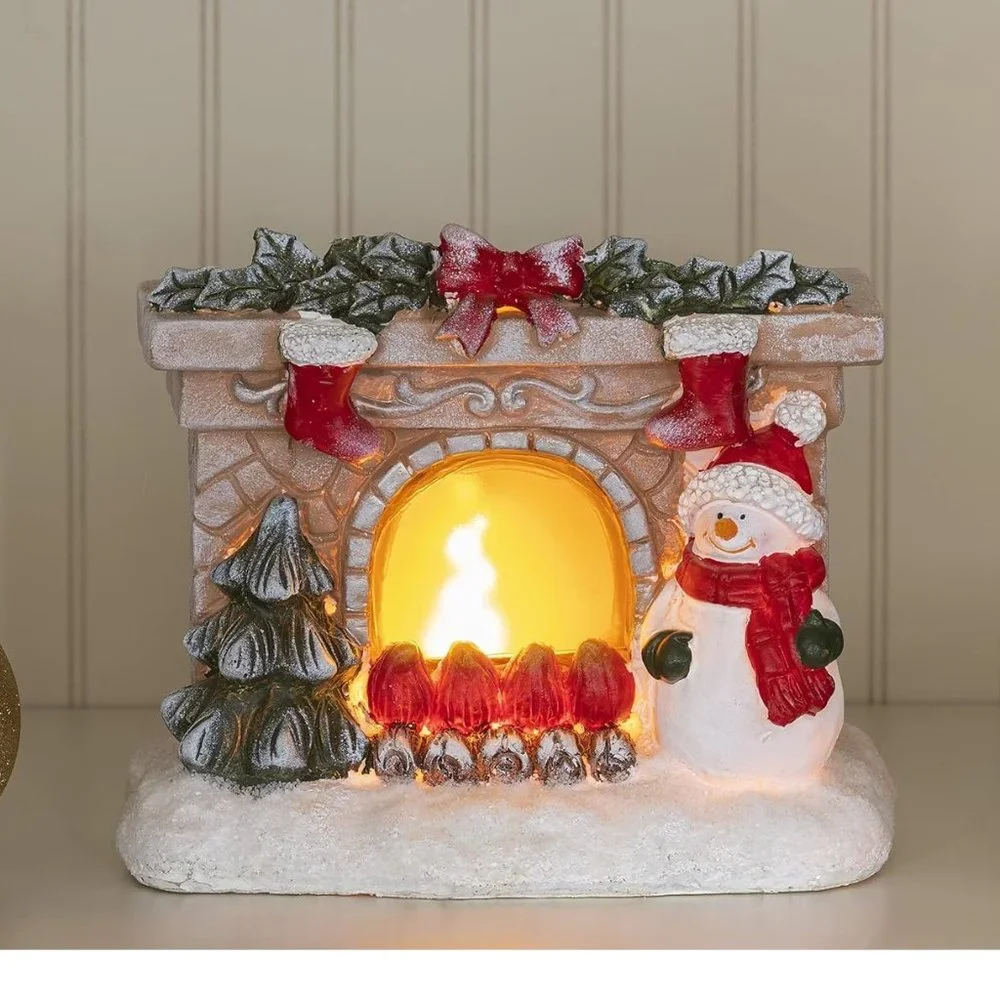Polyester Resin Snowman Battery Powered Fireplace VP Home Christmas